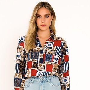 Vintage Polka Dots Unique Blouse Very Summery Flowy Red Blue Black